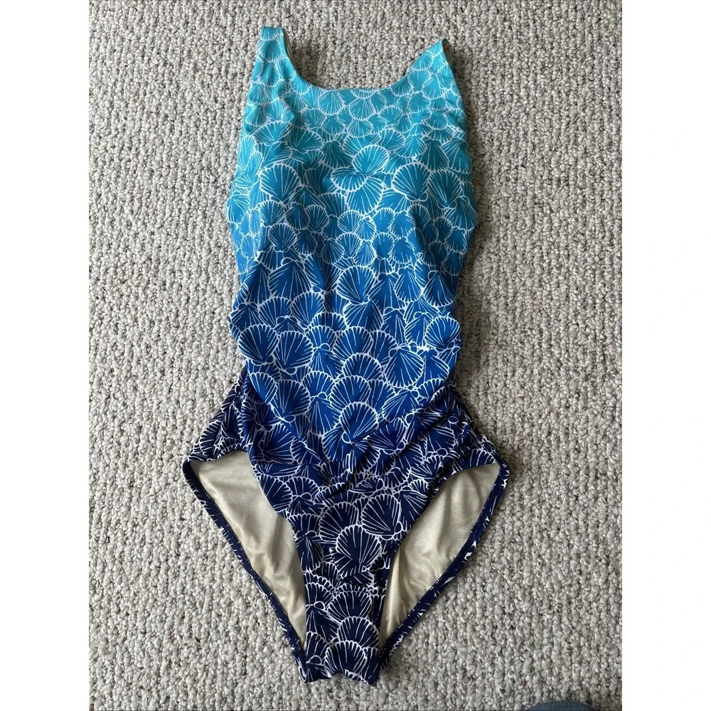 Miraclesuit X Talbots Flattering Blue Ombré Seashell Print Swimsuit Size 12